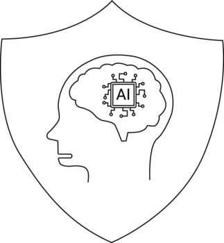 A shield emblem featuring a head profile with a brain incorporating an AI chip vector