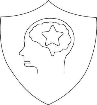 A shield contains a profile of a head with a brain outline inside A star shape is in the center of the brain vector