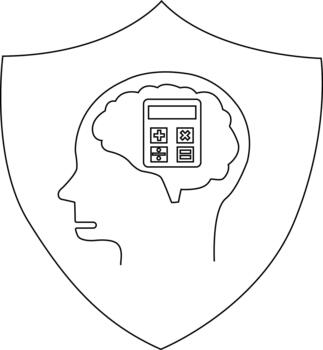 A shield contains a head profile with a brain in which there is a calculator vector