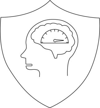 A shield contains a head outline with a brain inside a speedometerlike gauge points to the right vector