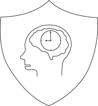 A shield contains a head outline with a brain encompassing a clock depicted in a clean minimalist style vector