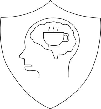 A shield containing a head outline with a brainshaped cloud and a coffee cup inside vector