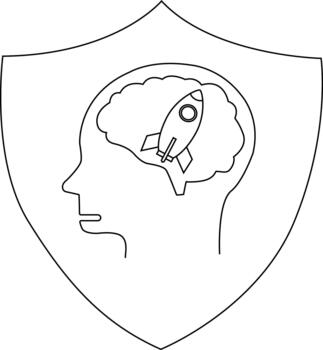 un perfil ver de un cabeza con un cerebro conteniendo un cohete todas encerrado en un proteger contorno vector