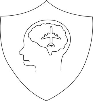 A profile of a head containing a brain with an airplane inside is centered in a shield outline vector