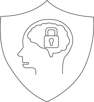 A line drawing of a human head inside a shield with a padlock inside the brain vector
