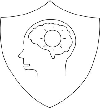 A line drawing of a head profile with a brain containing a sunlike circle all within a shield vector