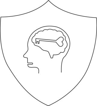 A line drawing depicts a head silhouette with a brain and key inside a shield shape vector