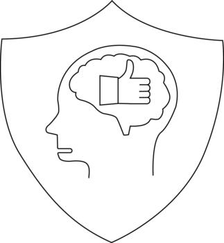 A line art emblem featuring a head in profile with a brain containing a thumbsup symbol all enclosed within a shield vector
