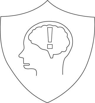 A head profile inside a shield contains a brain with an exclamation point inside vector