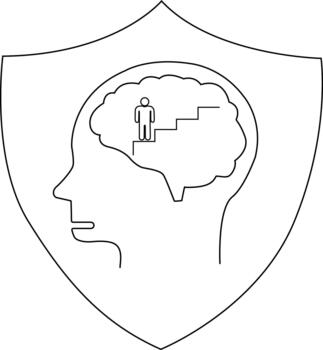 A brain within a head within a shield with a person climbing steps inside vector