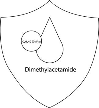 A graphic inside a shield features a circle labeled C4H9NODMAc and a teardrop shape above the text Dimethylacetamide vector