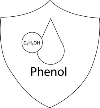A shield shows a formula circle and a teardrop shape Text reads Phenol vector