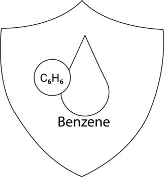 Shield icon with a benzene molecule in a circle and a teardrop shape labeled Benzene vector