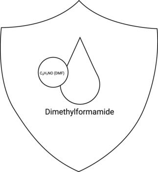 Shield with a formula C3H7NODMF in a circle a water drop and text Dimethylformamide vector