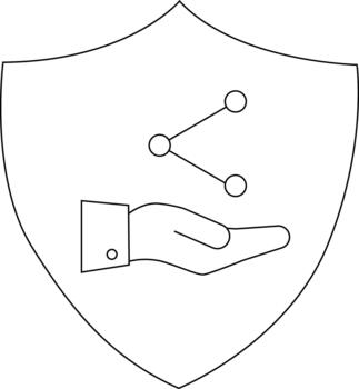 A shield contains a hand with a cuff presenting a network diagram suggesting protection of data or connection vector
