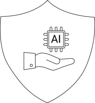 A shield icon shows a hand holding a chip with AI inside symbolizing tech protection vector