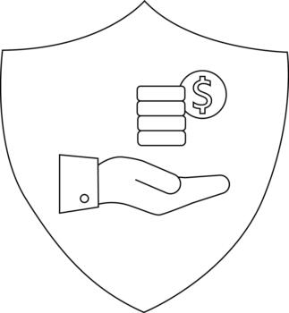 Illustration of a shield with hand holding money featuring a stack of coins and a dollar symbol vector