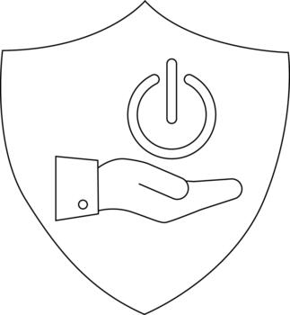 Power button over hand in shield button hand shield graphic vector