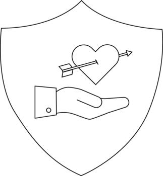 Shield outline with an arrow through a heart above a cupped hand featuring a buttoned cuff vector