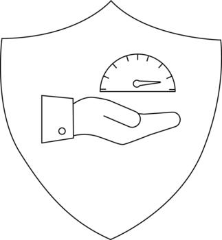 Shield with a hand holding a speedometer presented in a line drawing format vector