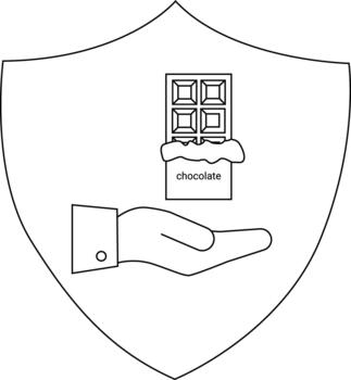 Shield with a hand offering a chocolate bar in wrapper vector