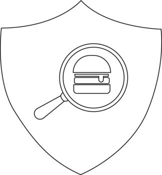 A burger is under a magnifying glass centered on a shield shape Its all presented in monochrome line art vector