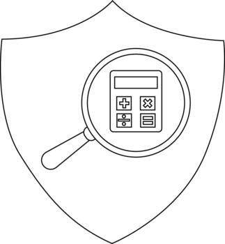 A calculator under a magnifying glass set within a shield emblem vector