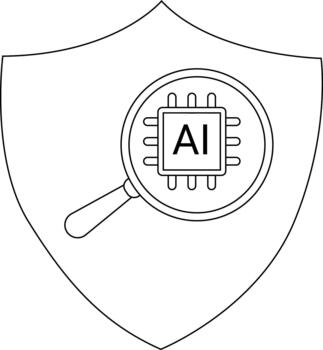 A magnifying glass scrutinizes an AI chip set against a shield backdrop vector