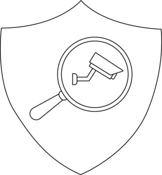 A security camera within a magnifying glass on a shield all in blackandwhite outline vector