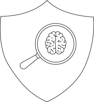A shield depicts a brain magnified by a lens symbolizing intelligence scrutiny or cognitive protection vector