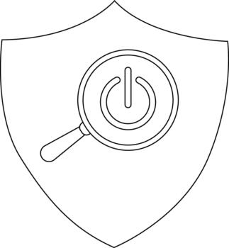 A shield displays a magnifying glass over a power button symbol vector