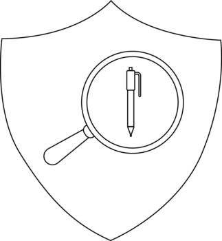 A shield emblem features a magnifying glass focused on a pen centered against a plain backdrop vector
