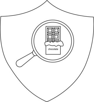 A shield showcases a magnifying glass focused on a chocolate bar with the word chocolate printed on its wrapper vector
