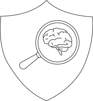 A shield with a magnifying glass focusing on a brain is centered vector