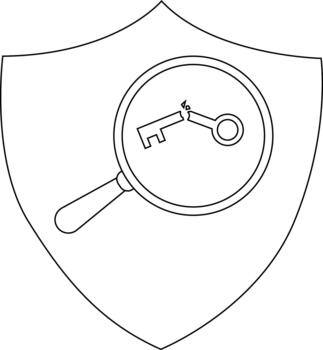 Line art shows a broken key under a magnifying glass inside a shield shape vector