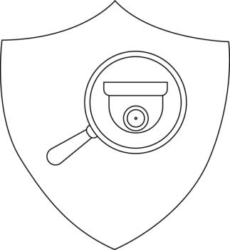 Security camera under a magnifying glass all within a shield outline vector