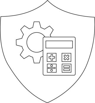A shield containing a gear and calculator both outlined in black vector