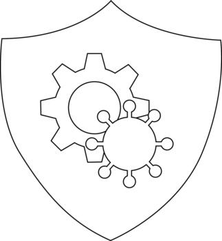 A shield containing a gear interlocked with a viruslike structure vector