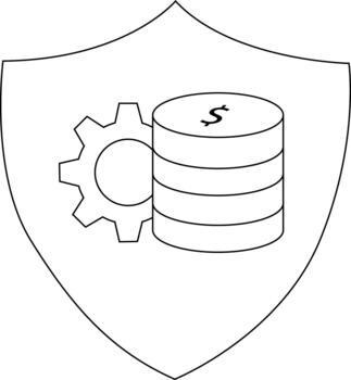 A shield contains a gear stacked coins with a dollar sign at the top symbolizing wealth protection mechanical function vector