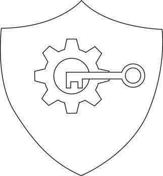 A shield emblem holds a gear intersecting with a key all depicted in bold black lines against a white background vector