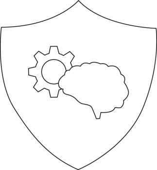 An emblem of a shield features a gear merged with a brain on a white background vector