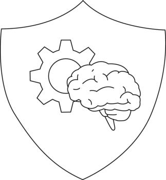 Shield with a gear and a brain outline centered on a white background vector