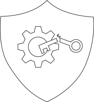 Shield with gear and broken key icon simple black and white illustration vector