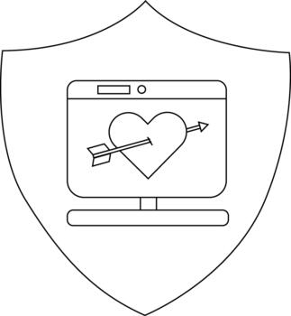 A computer monitor displaying a heart pierced with an arrow set within a shield shape vector