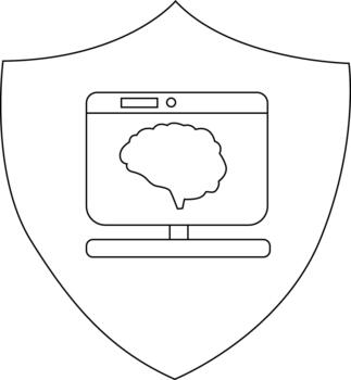A shield contains a computer screen displaying a brain image vector