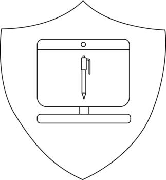 un proteger contiene un monitor con un bolígrafo en sus pantalla en pie en un estar vector