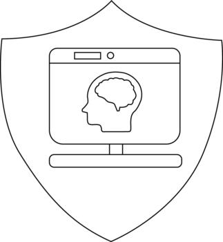 A shield displays a computer screen showing a head profile with a brain inside vector