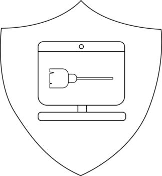A shield displays a computer screen with an embedded image of a wrench vector