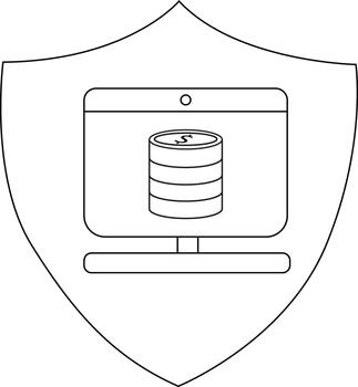 A shield framing a desktop computer displaying a stack of coins vector