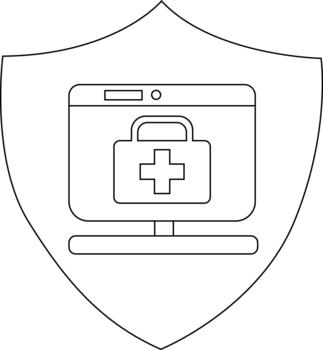 A shield icon contains a computer monitor with a medical kit symbol on its screen vector